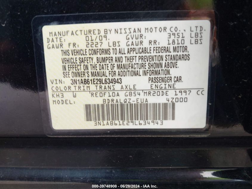 2009 Nissan Sentra 2.0/2.0S/2.0Sl VIN: 3N1AB61E29L634943 Lot: 39748908