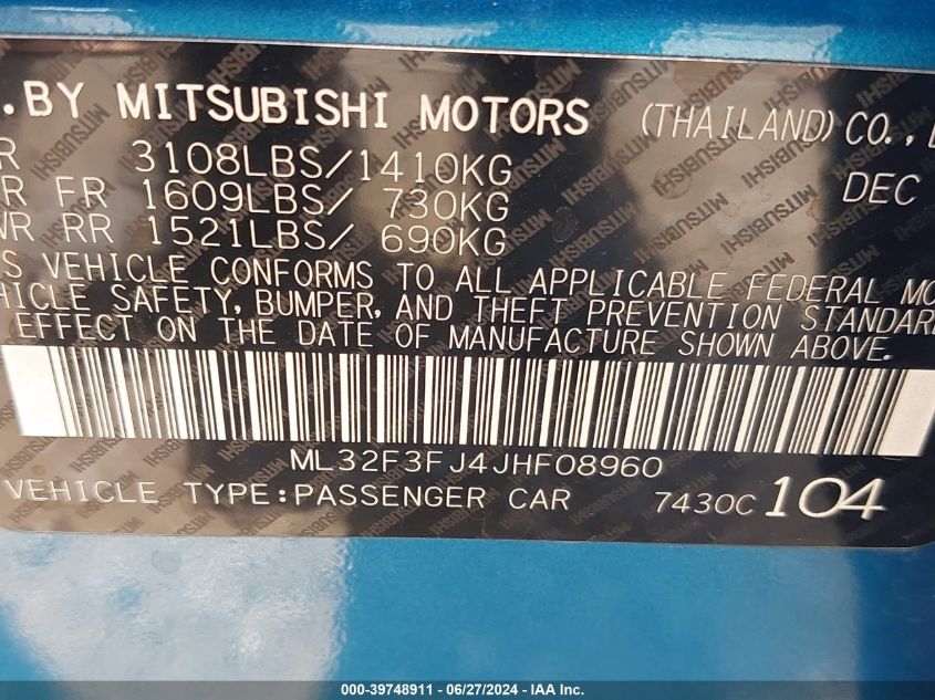 2018 Mitsubishi Mirage G4 Es VIN: ML32F3FJ4JHF08960 Lot: 39748911