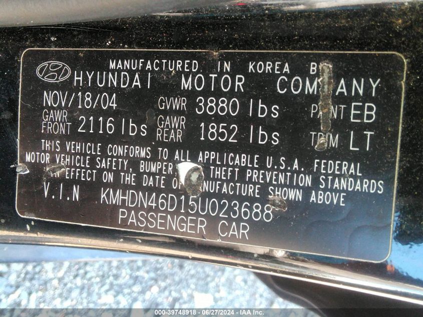 2005 Hyundai Elantra Gls/Gt VIN: KMHDN46D15U023688 Lot: 39748918