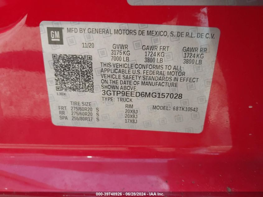 2021 GMC Sierra K1500 At4 VIN: 3GTP9EED6MG157028 Lot: 39748926