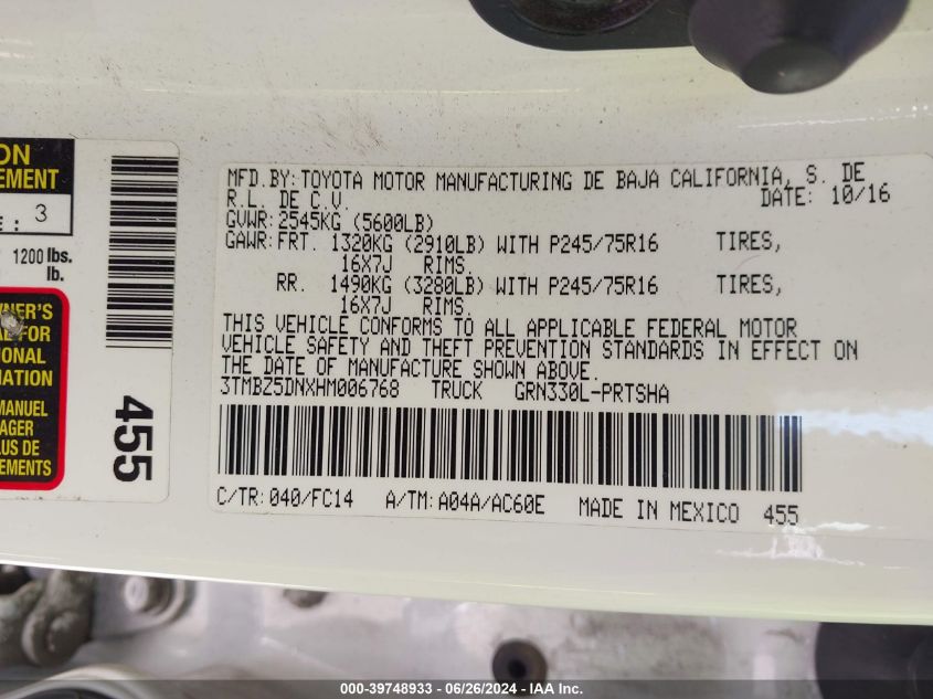 2017 Toyota Tacoma Sr5 VIN: 3TMBZ5DNXHM006768 Lot: 39748933