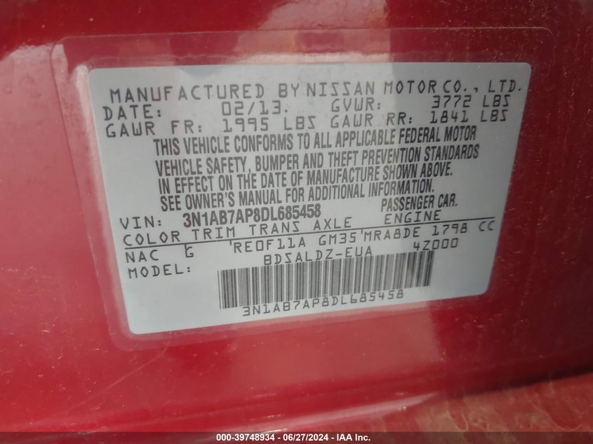 2013 Nissan Sentra Sv VIN: 3N1AB7AP8DL685458 Lot: 39748934