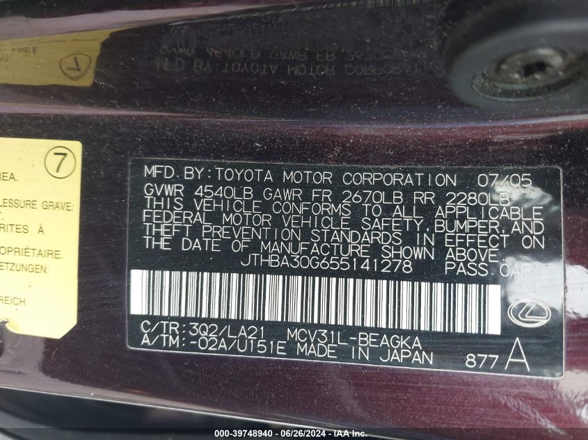 2005 Lexus Es 330 VIN: JTHBA30G655141278 Lot: 39748940