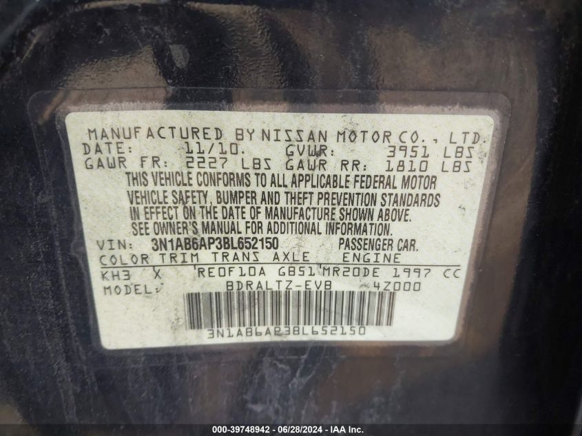 2011 Nissan Sentra 2.0Sr VIN: 3N1AB6AP3BL652150 Lot: 39748942