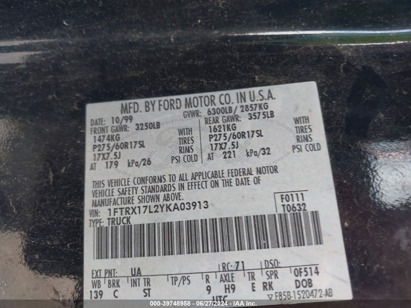 2000 Ford F150 VIN: 1FTRX17L2YKA03913 Lot: 39748958