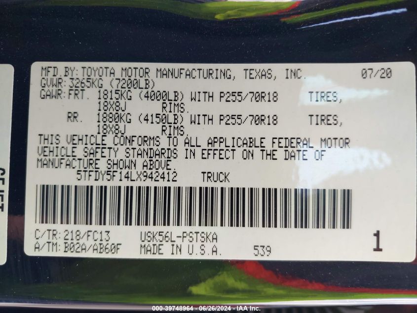 2020 Toyota Tundra Crewmax Sr5/Crewmax Trd Pro VIN: 5TFDY5F14LX942412 Lot: 39748964