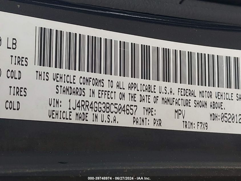 2011 Jeep Grand Cherokee Laredo VIN: 1J4RR4GG3BC504657 Lot: 39748974