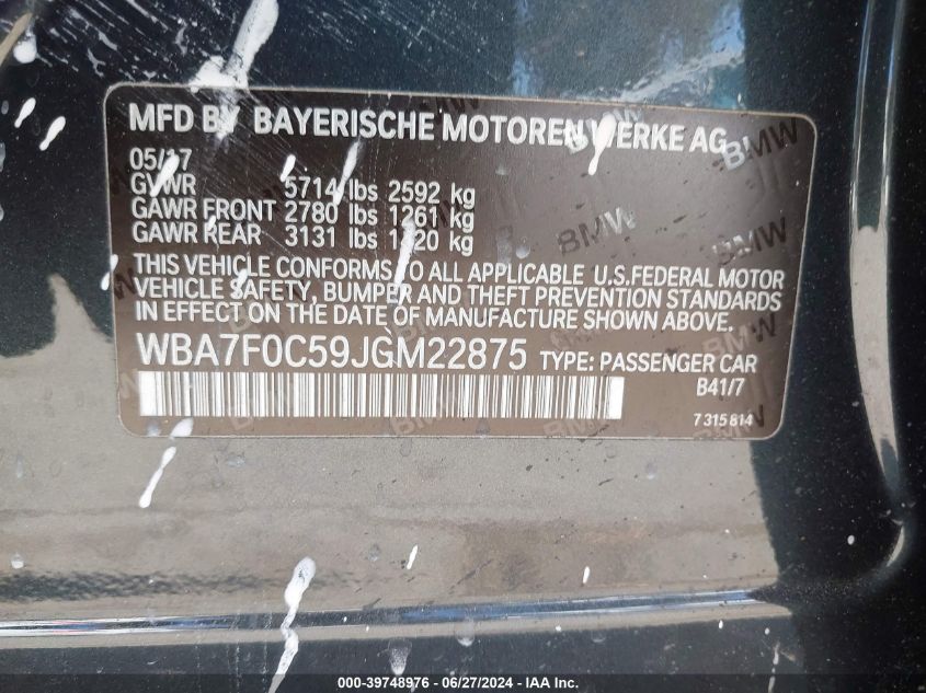 2018 BMW 750I I VIN: WBA7F0C59JGM22875 Lot: 39748976