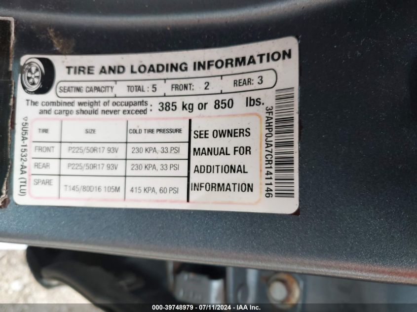 2012 Ford Fusion Se VIN: 3FAHP0HAXCR447554 Lot: 39748979