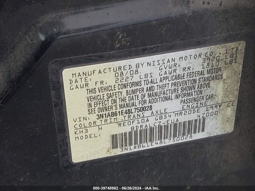 2008 Nissan Sentra 2.0 VIN: 3N1AB61E48L750028 Lot: 39748982