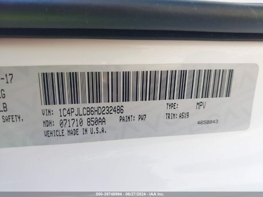 2017 Jeep Cherokee Latitude Fwd VIN: 1C4PJLCB6HD232486 Lot: 39748994
