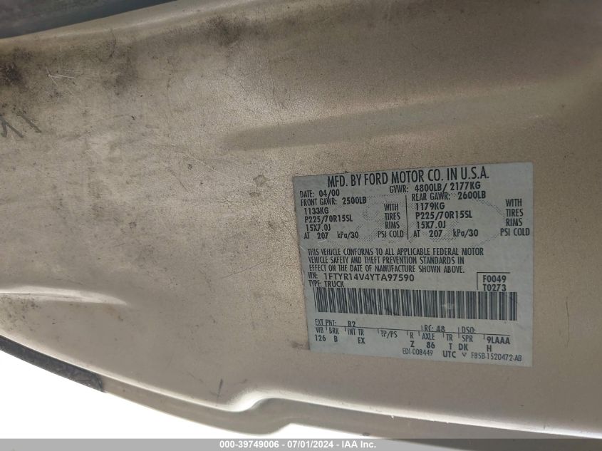 2000 Ford Ranger Xl/Xlt VIN: 1FTYR14V4YTA97592 Lot: 39749006