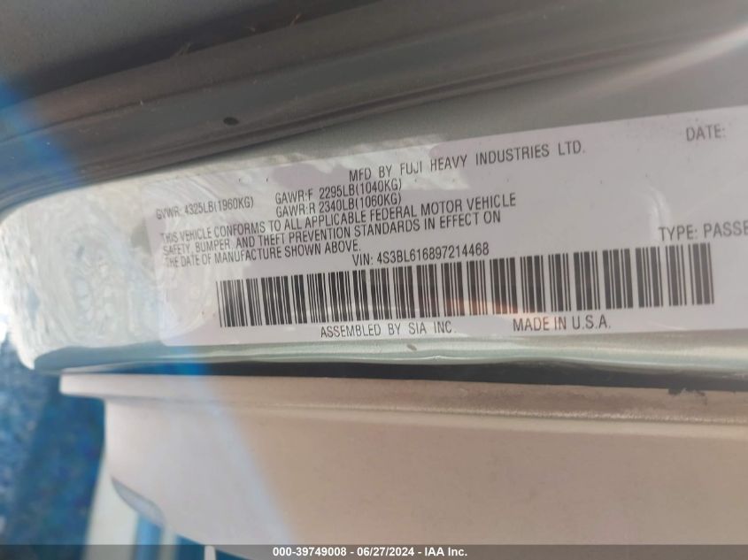 2009 Subaru Legacy 2.5I VIN: 4S3BL616897214468 Lot: 39749008