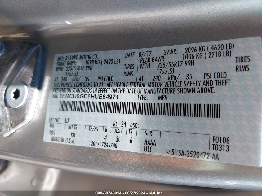 VIN 1FMCU0GD6HUE64971 2017 FORD ESCAPE SE