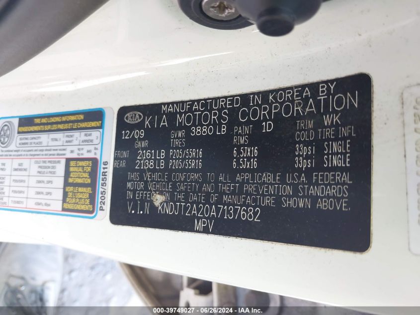 2010 Kia Soul + VIN: KNDJT2A20A7137682 Lot: 39749027