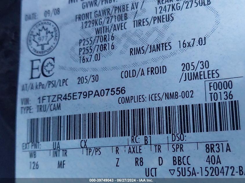 2009 Ford Ranger Super Cab VIN: 1FTZR45E79PA07556 Lot: 39749043