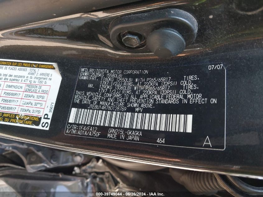 2008 Toyota 4Runner Sr5/Sport VIN: JTEBU14R780128769 Lot: 39749044