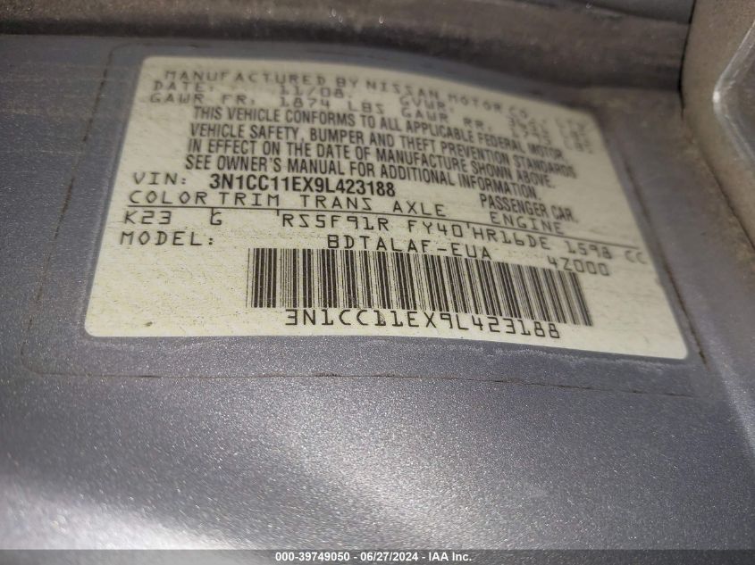 2009 Nissan Versa S/Sl VIN: 3N1CC11EX9L423188 Lot: 39749050