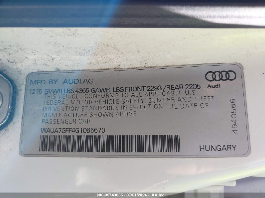 2016 Audi A3 1.8T Premium VIN: WAUA7GFF4G1065570 Lot: 39749055