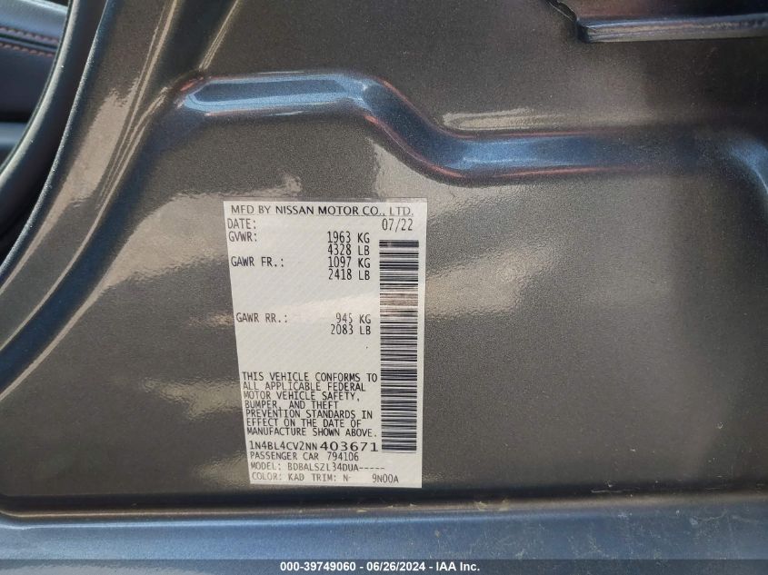 2022 Nissan Altima Sr Fwd VIN: 1N4BL4CV2NN403671 Lot: 39749060