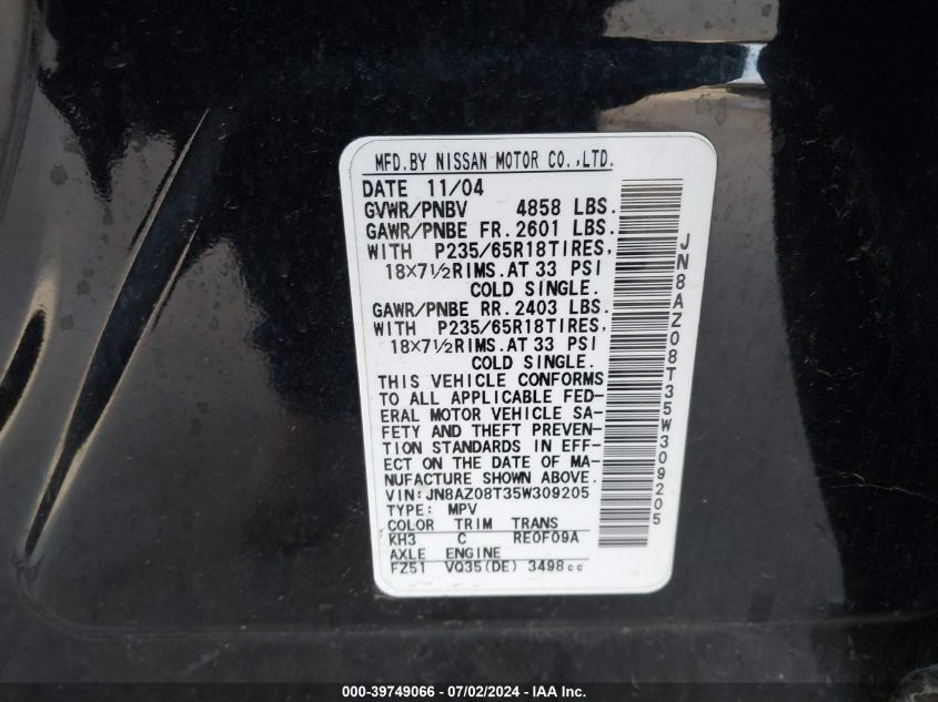 2005 Nissan Murano S VIN: JN8AZ08T35W309205 Lot: 39749066