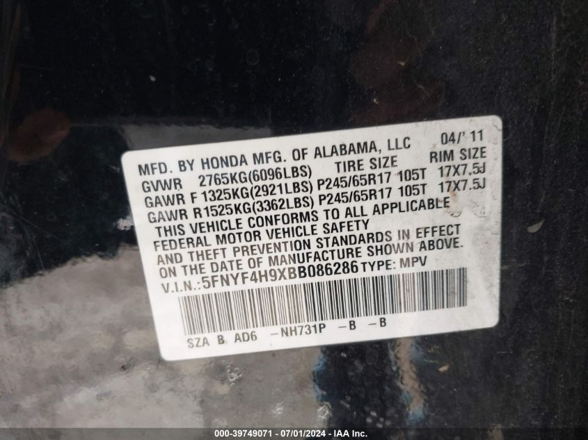 2011 Honda Pilot Touring VIN: 5FNYF4H9XBB086286 Lot: 39749071