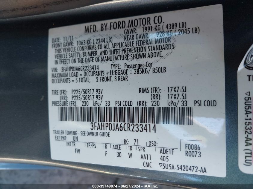 2012 Ford Fusion Sel VIN: 3FAHP0JA6CR233414 Lot: 39749074