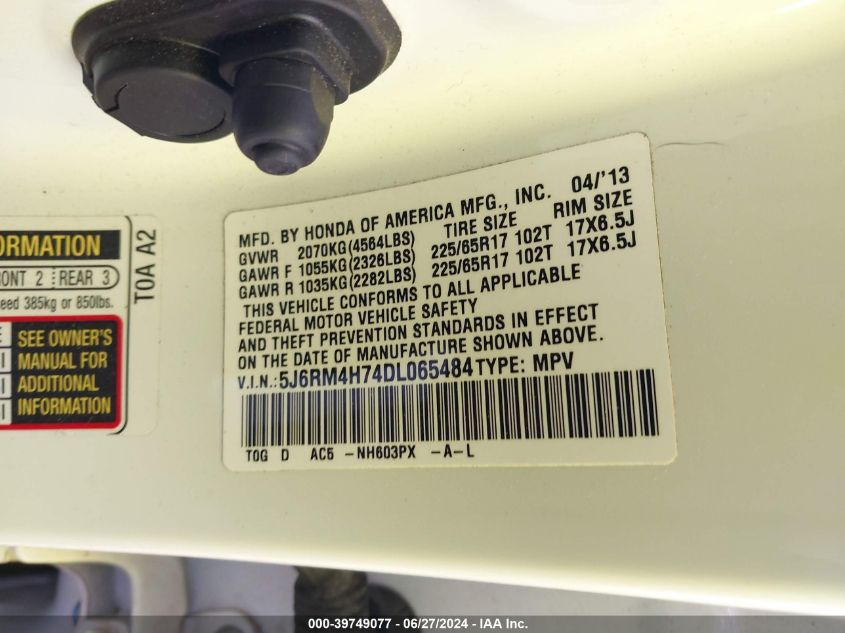 2013 Honda Cr-V Exl VIN: 5J6RM4H74DL065484 Lot: 39749077