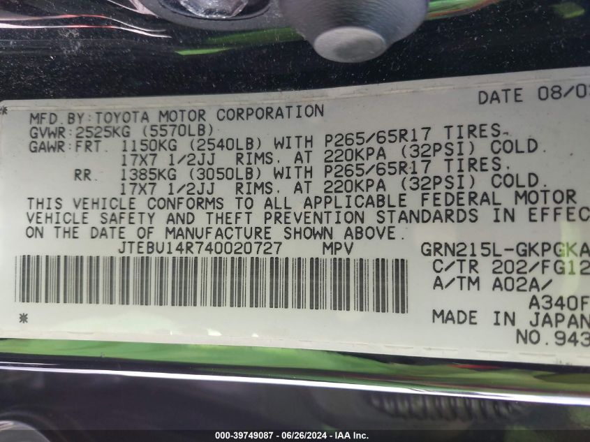 2004 Toyota 4Runner Sr5 V6 VIN: JTEBU14R740020727 Lot: 39749087