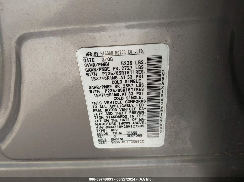 2009 Nissan Murano S/Sl/Le VIN: JN8AZ18W29W127985 Lot: 39749091