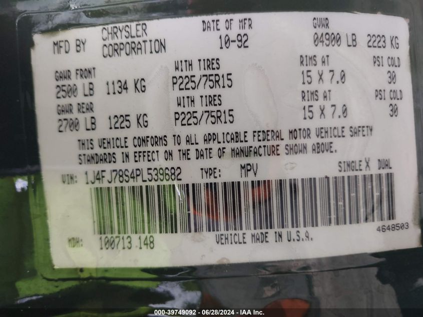 1993 Jeep Cherokee Country VIN: 1J4FJ78S4PL539682 Lot: 39749092