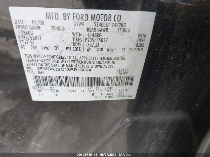 2008 Ford Edge Se VIN: 2FMDK36C18BB15064 Lot: 39749101