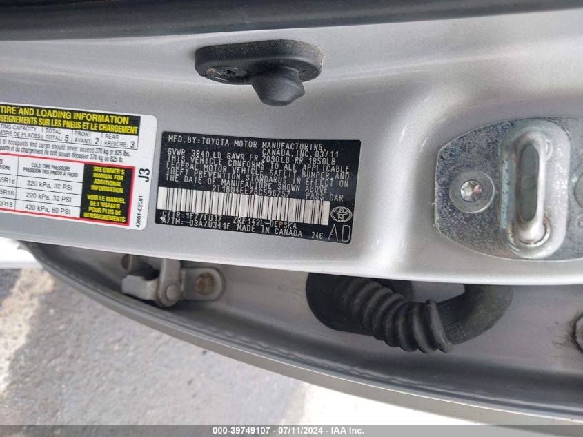 2011 Toyota Corolla S VIN: 2T1BU4EE7BC596757 Lot: 39749107