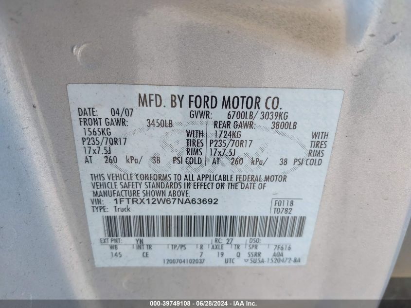 2007 Ford F-150 Stx/Xl/Xlt VIN: 1FTRX12W67NA63692 Lot: 39749108