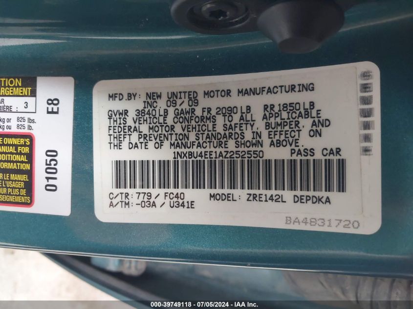 2010 Toyota Corolla Le VIN: 1NXBU4EE1AZ252550 Lot: 39749118