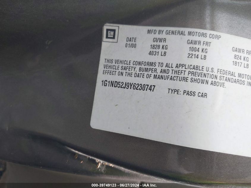 2000 Chevrolet Malibu VIN: 1G1ND52J9Y6230747 Lot: 39749123