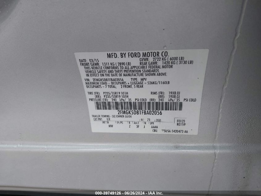 2015 Ford Flex Limited VIN: 2FMGK5D81FBA02056 Lot: 39749126