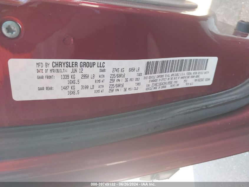 2012 Chrysler Town & Country Touring VIN: 2C4RC1BG4CR410566 Lot: 39749132