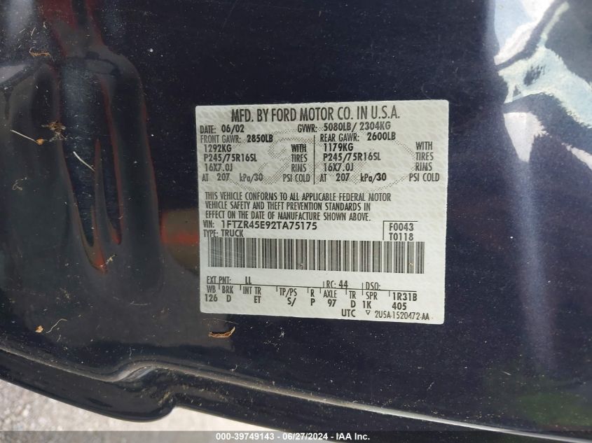 2002 Ford Ranger Edge/Xlt VIN: 1FTZR45E92TA75175 Lot: 39749143