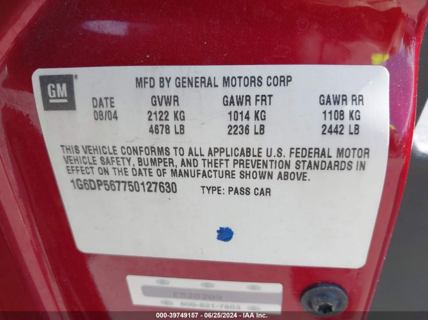 2005 Cadillac Cts Standard VIN: 1G6DP567750127630 Lot: 39749157