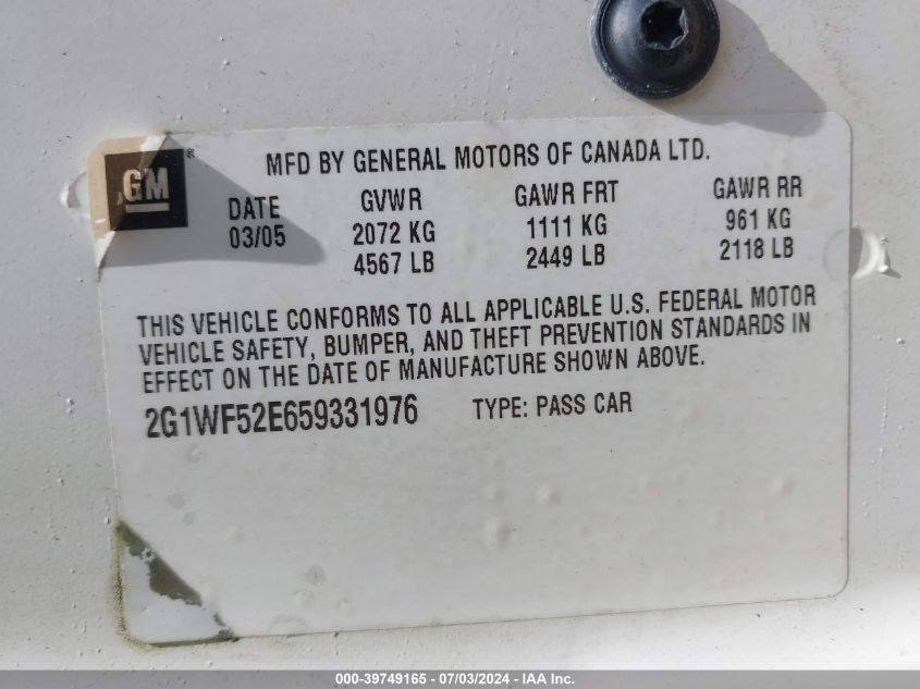 2005 Chevrolet Impala VIN: 2G1WF52E659331976 Lot: 39749165