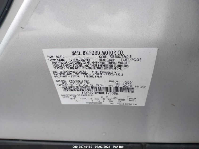 2011 Ford Taurus Se VIN: 1FAHP2DW8BG120086 Lot: 39749169