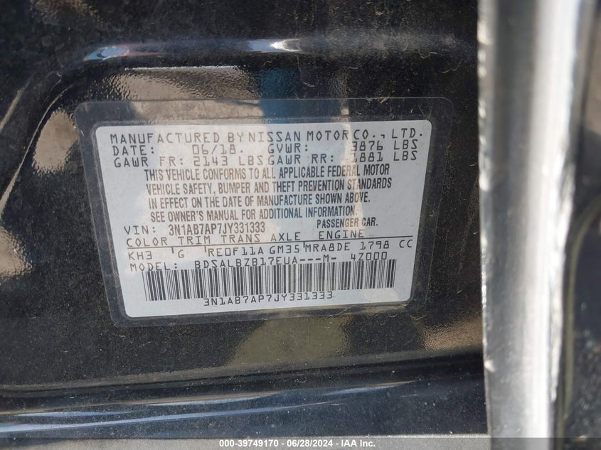 2018 Nissan Sentra S/Sv/Sr/Sl VIN: 3N1AB7AP7JY331333 Lot: 39749170