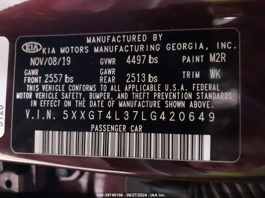 2020 Kia Optima Lx VIN: 5XXGT4L37LG420649 Lot: 39749186