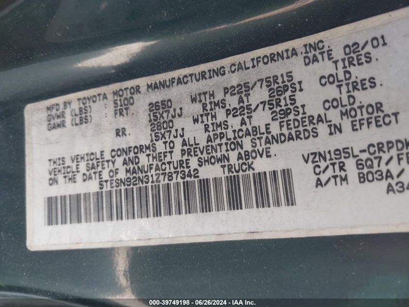 2001 Toyota Tacoma Prerunner V6 VIN: 5TESN92N31Z787342 Lot: 39749198