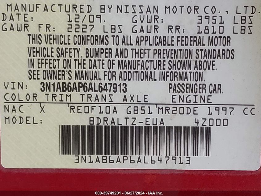 2010 Nissan Sentra 2.0S VIN: 3N1AB6AP6AL647913 Lot: 39749201
