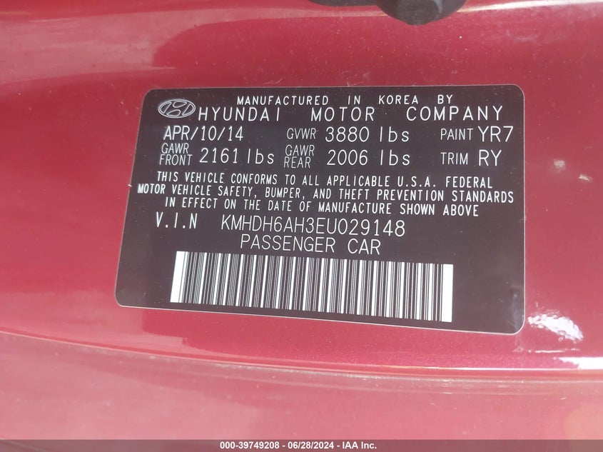 2014 Hyundai Elantra VIN: KMHDH6AH3EU029148 Lot: 39749208