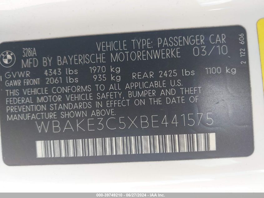 2011 BMW 328I VIN: WBAKE3C5XBE441575 Lot: 39749210