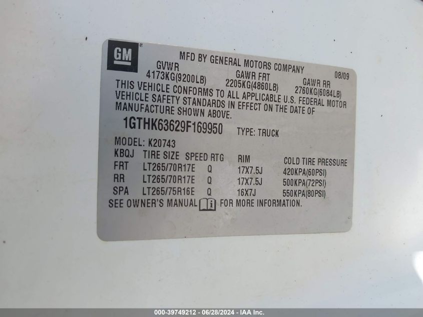 2009 GMC Sierra 2500Hd Slt VIN: 1GTHK63629F169950 Lot: 39749212