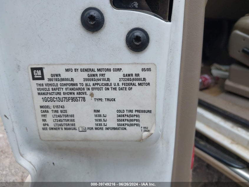 2005 Chevrolet Silverado 1500Hd Lt VIN: 1GCGC13U75F955778 Lot: 39749216